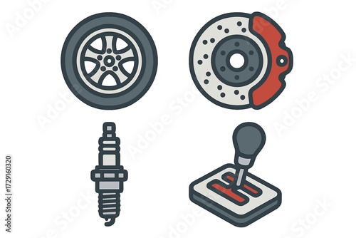 Essential automotive parts and components for vehicle maintenance and repair, featuring wheel, brake, spark plug, and gear shifter