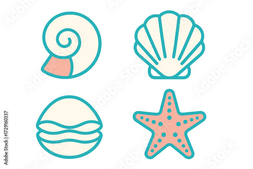 Stylized marine life icons featuring various sea shells and a starfish in a clean graphic style, ideal for ocean-themed designs and web elements