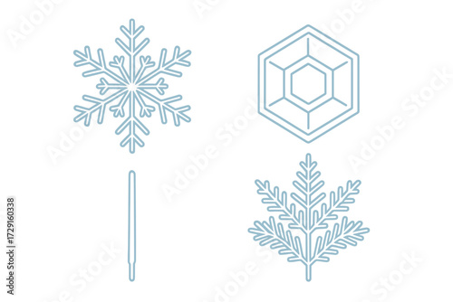 Elegant collection of winter season symbols featuring delicate snowflake, intricate ice crystal, sharp icicle, and frosty branch outlines for seasonal designs