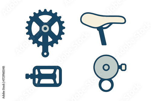 Essential bicycle parts including chainring, saddle, pedal, and bell for cycling enthusiasts and bike repair