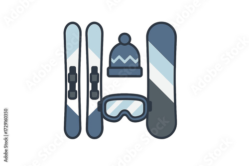 Winter sports equipment set with skis, snowboard, warm hat, and protective goggles for snow activities