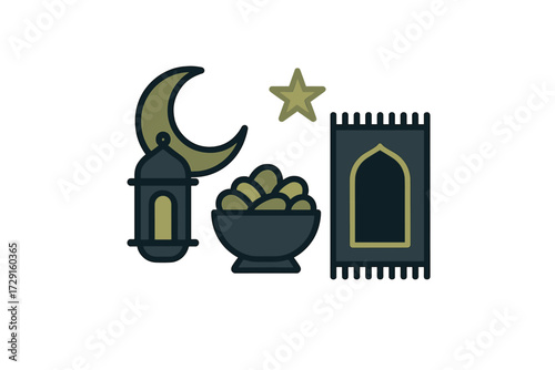 Islamic religious symbols and objects for Ramadan celebration including crescent moon, lantern, dates, and prayer mat