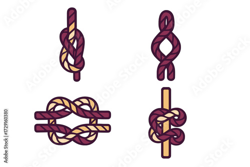 Various rope knots for sailing, climbing, and securing objects, essential for outdoor activities and marine use