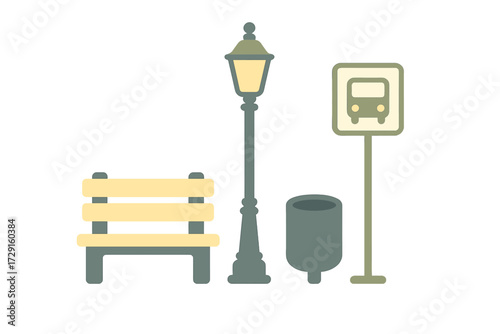 Urban street furniture set with park bench, classic lamppost, public trash can, and bus stop sign