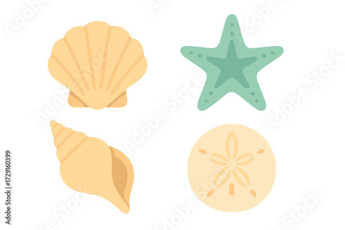Stylized collection of marine life elements featuring scallop shell, conch, starfish, and sand dollar for ocean themes