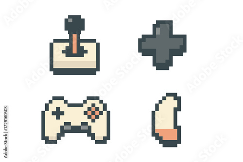 Set of pixel art game controllers, joysticks, and D-pads for retro gaming, arcade, and video game themes