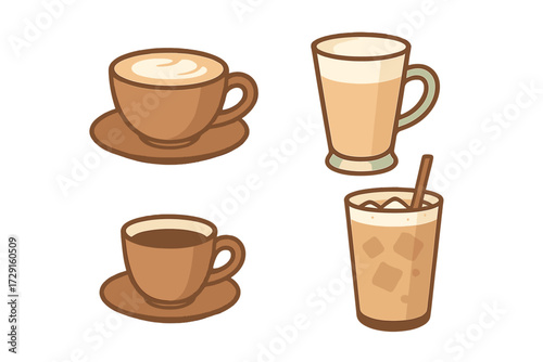 Diverse selection of popular coffee beverages including hot latte cappuccino espresso and refreshing iced coffee served in various drinkware