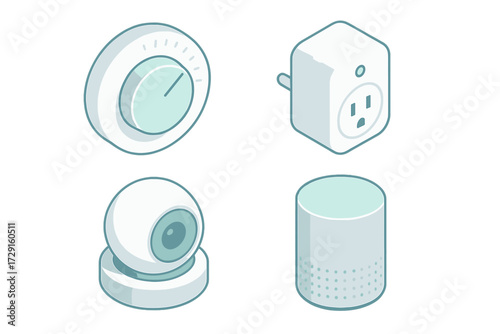 Isometric smart home devices set with thermostat, smart plug, security camera, and voice assistant speaker