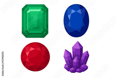 Vibrant faceted gemstones including emerald, ruby, sapphire, and a purple crystal cluster set, isolated on a clean white background