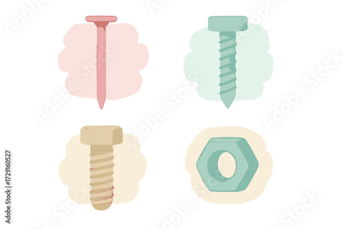Collection of various hardware fasteners including a nail, screw, bolt, and nut with a soft watercolor texture