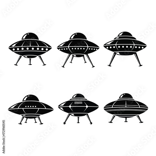 Six black flying saucer silhouettes set for sci-fi alien ufo spaceship designs silhouette