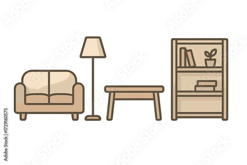 Modern living room furniture collection featuring a comfortable sofa, elegant floor lamp, sturdy coffee table, and a well-stocked bookshelf