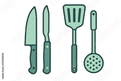 Various kitchen cooking tools and utensils including sharp knives spatula and slotted spoon for culinary preparation