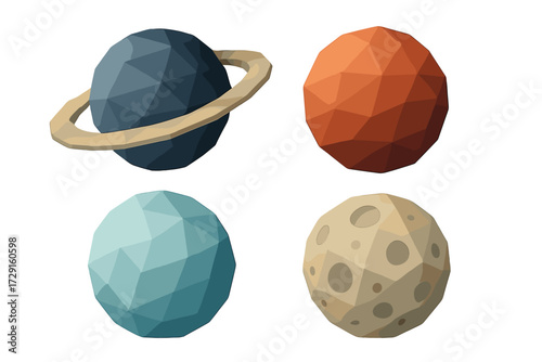 Low poly geometric celestial bodies set with ringed planet, red planet, blue planet, and cratered moon