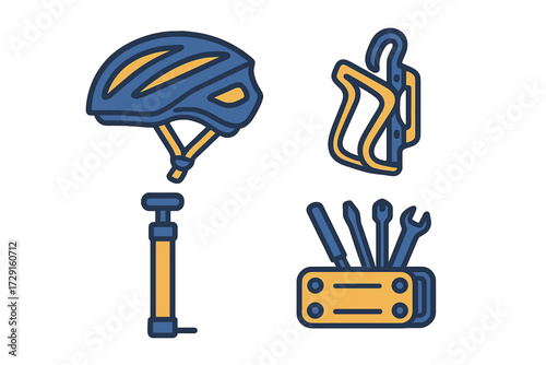 Essential cycling gear set with helmet, water bottle cage, tire pump, and repair multi-tool for bicycle safety and maintenance