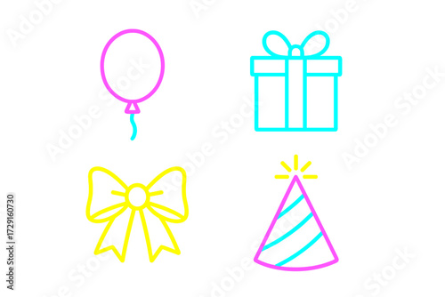 Bright neon outline party celebration icons set including balloon gift box bow and festive hat for birthdays and holidays
