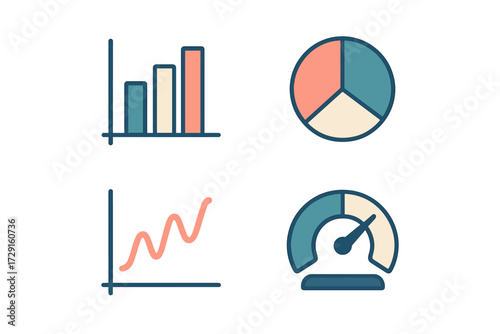 Collection of data visualization icons including bar chart, pie chart, line graph, and speedometer for business analytics