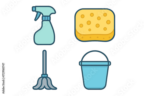 Essential household cleaning supplies featuring a spray bottle, sponge, mop, and bucket for home tidiness