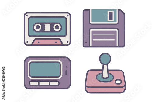Nostalgic collection of retro technology icons and vintage electronic devices from past decades featuring a cassette tape, floppy disk, pager, and classic joystick