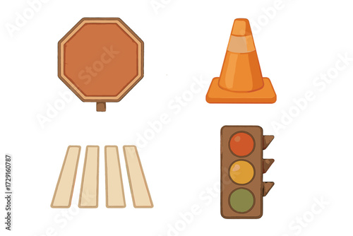 Road safety elements with blank octagonal sign, orange traffic cone, pedestrian crosswalk, and three-color traffic signal light