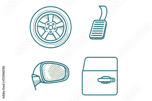 Collection of essential automotive spare parts including wheel, pedal, side mirror, and car door handle