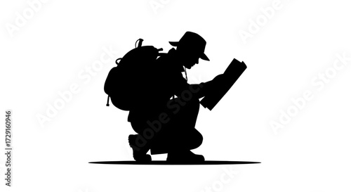 Adventurous explorer with backpack and hat studies map, planning a thrilling outdoor journey