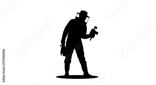 Silhouette of beekeeper with smoker tool ready for hive inspection, professional agriculture concept