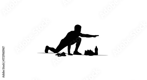 Energetic male silhouette stretching intensely beside gym gear and water bottle, ready for a workout