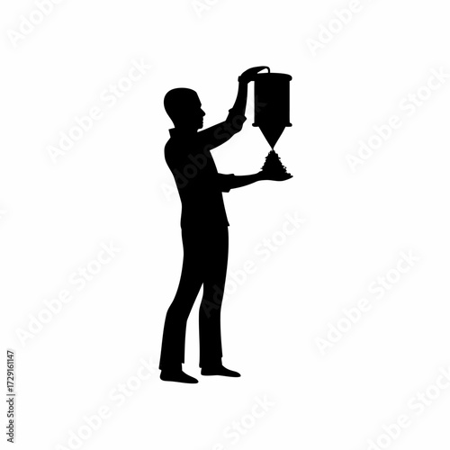 Silhouette of a farmer filling a poultry feeder with grain isolated on white background