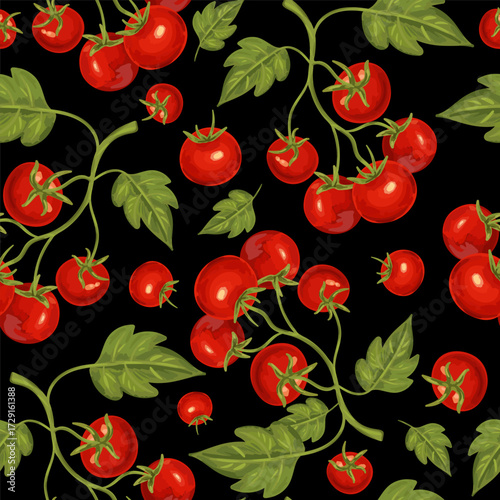 seamless watercolor style tomato pattern on black background fresh red vegetables with green leaves on vine repeating texture for fabric print packaging menu