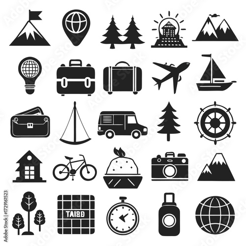 Icon Set Set of travel and tourism icons simple black glyph vector design perfect for app and web de
