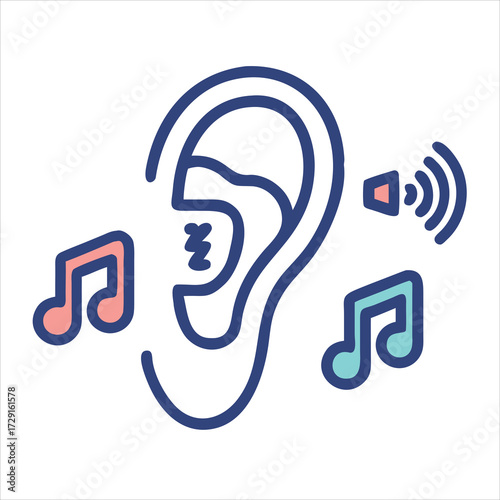 Flat outline of a human ear with a sound wave filling the interior