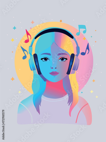 Vibrant gradient portrait of a girl with headphones, glowing background, and floating music notes, capturing dreamy, modern, and colorful listening moments.