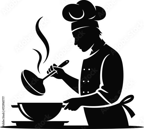 Chef cooking with ladle and pot steam
