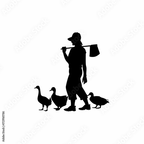 Silhouette of a farmer herding ducks and chickens together isolated on white background
