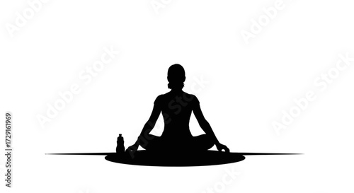 Serene silhouette woman meditating in lotus pose beside water bottle, finding inner peace.