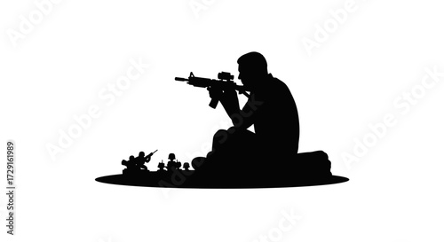 Intense silhouette of soldier aiming rifle with miniature army figures ready for action