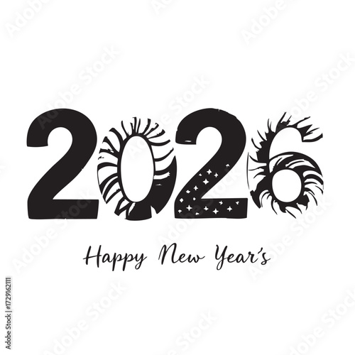 2026 New Year Celebration Vector — Black and White Stylized Digits with Decorative Elements and Cursive “Happy New Year’s” Text