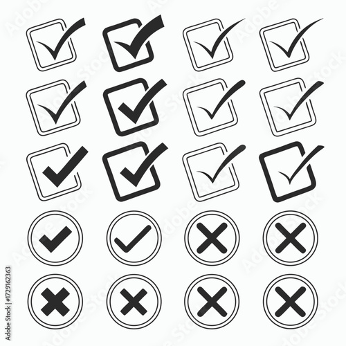 Icon Set Check mark and cross icons vector symbols for approval and rejection isolated on white back