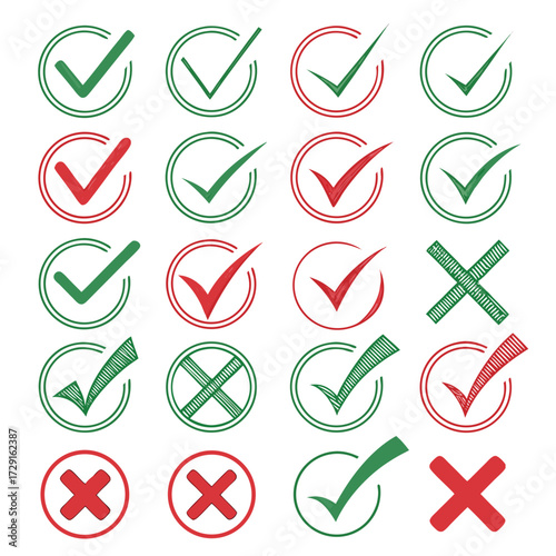 Icon Set Check mark and cross icons hand drawn vector symbols for approval and rejection isolated on
