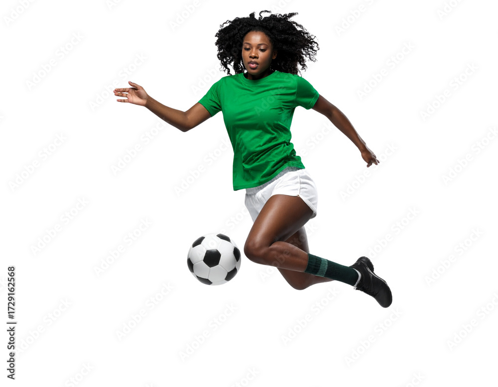 Fototapeta premium photograph of a soccer player wearing a green t-shirt, white shorts, and black shoes, kicking a ball, isolated against a solid transparent background 