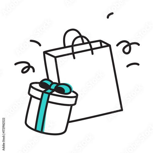 Shopping bag and a gift box with green ribbon