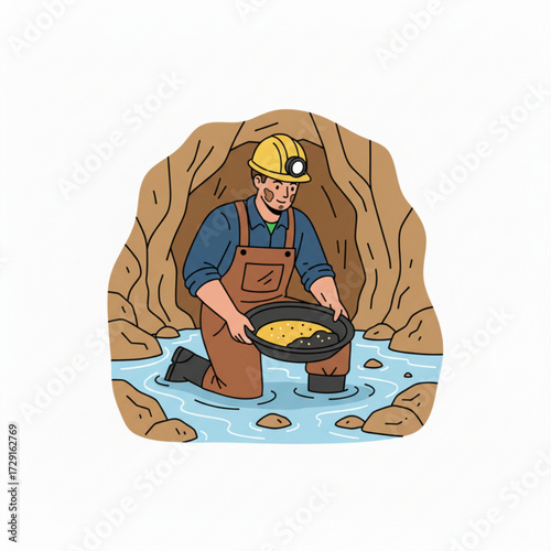 A miner wearing a helmet and overalls is panning for gold in the water near a cave.
