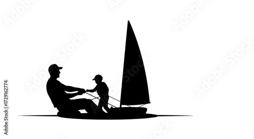 Father and child enjoy sailing adventure together on a calm lake, creating cherished family memories.