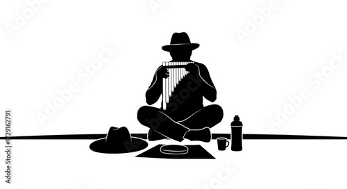 Musician plays pan flute while seated on ground with hat, cup, and water bottle nearby