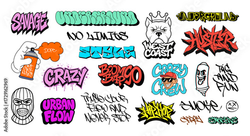 Street culture, urban graffiti art. Colorful bold graffiti text, gothic lettering, tags, character in graffiti style. Print for clotches and stickers. Urban culture, street art. Vector graphic set