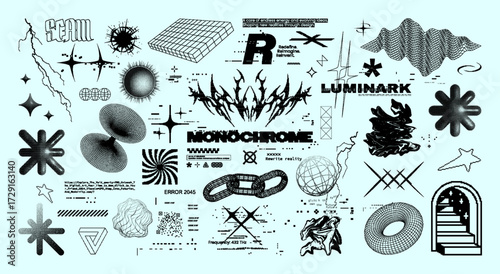 Bitmap futuristic abstract symbols and glitch art elements collage. 8bit graphic pack surreal abstract shapes, glitch graphics, and digital typography. Cyber-aesthetic with 3D shapes. Vector set
