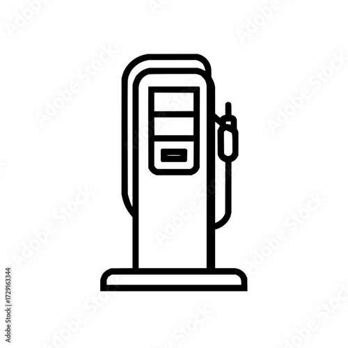 Illustration of a gas station pump with a hose and nozzle in black outline on a white background view
