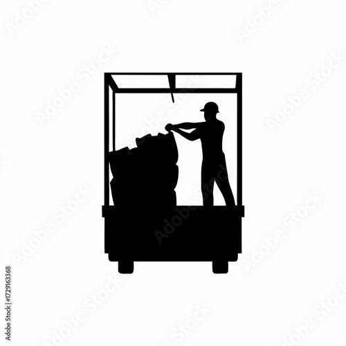 Silhouette of worker loading feed sacks into storage truck isolated on white background