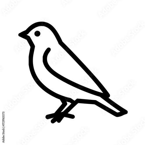 A simple line drawing of a small bird with a round body and short beak standing on two thin legs shown sideways